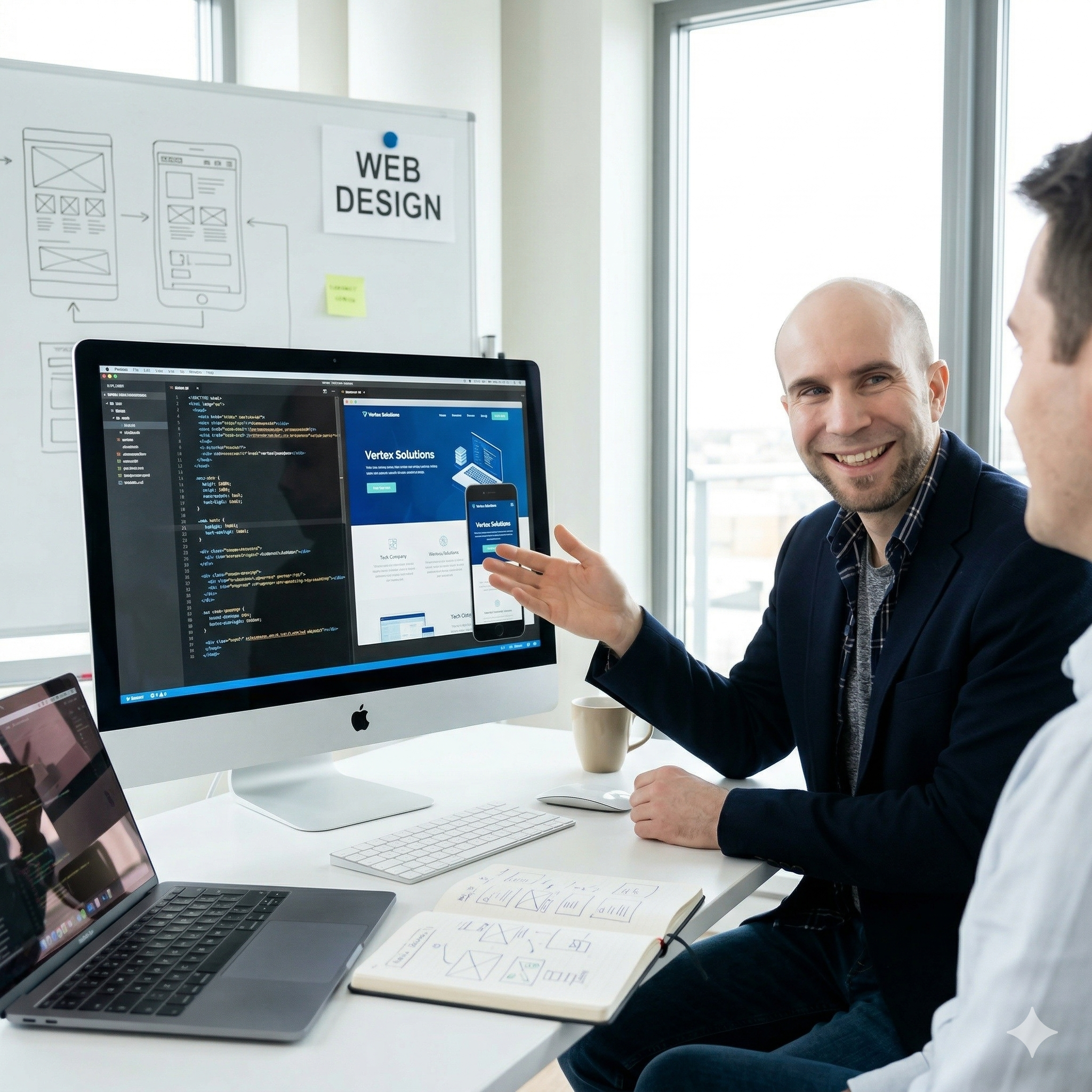 Andreas visar webbdesign för en kund